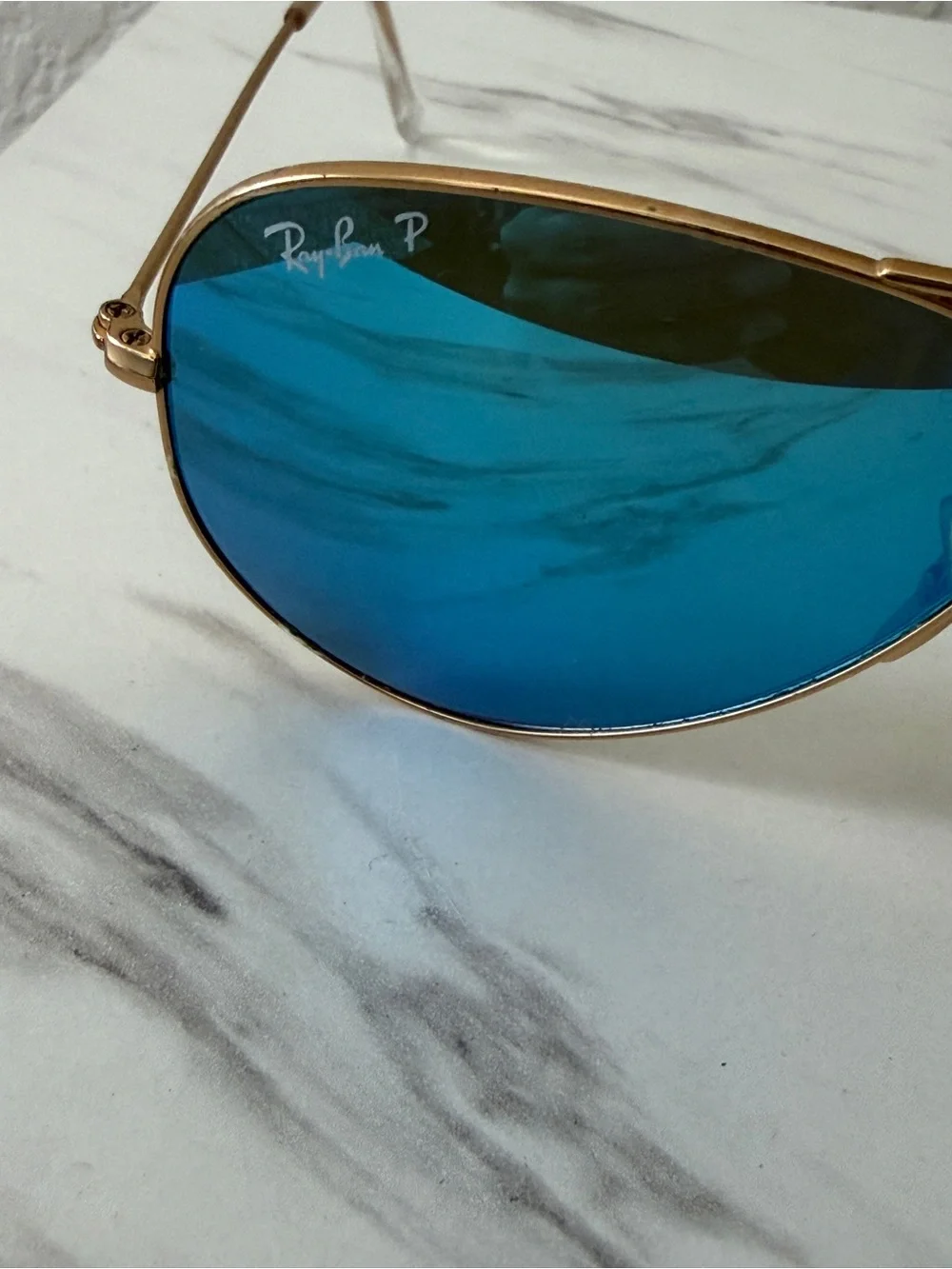 Ray-Ban Gold Frame Aviator Sunglasses with Blue Mirrored Lenses